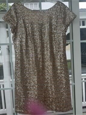 White House Black Market Gold Sequin Short Sleeve Shift Dress